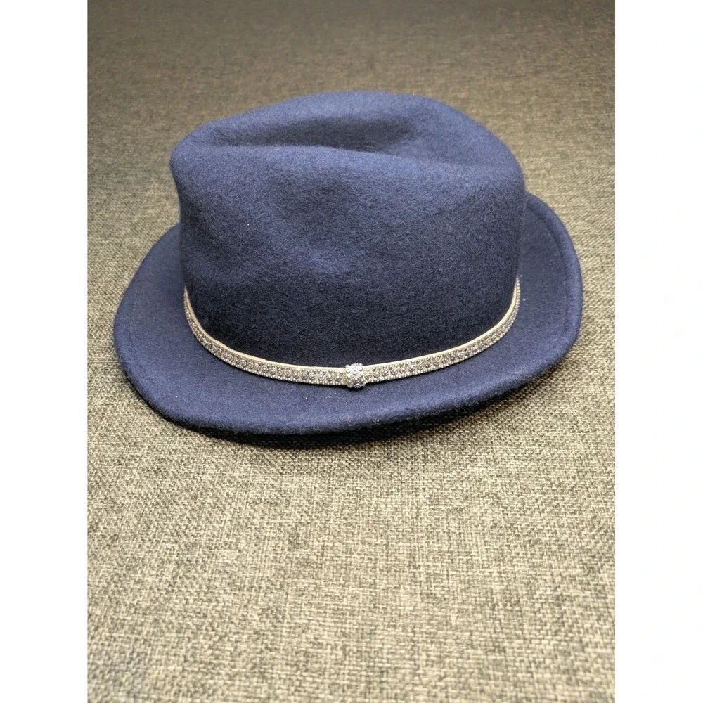 Charming Charlie Blue Wool Fedora Hat Wide Brim Womens Medium Rhinestone Belted